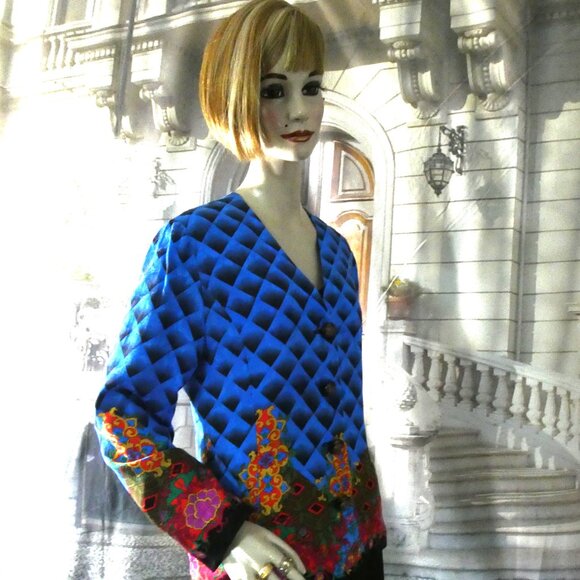 Anne Crimmins Silk Blazer Jacket Silk Lined Sz 16 Blue with Rainbow Color Design - Picture 6 of 9